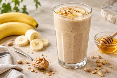 Milk-shake au beurre de cacahuète et à la banane dans un verre haut, filet de miel sur le dessus