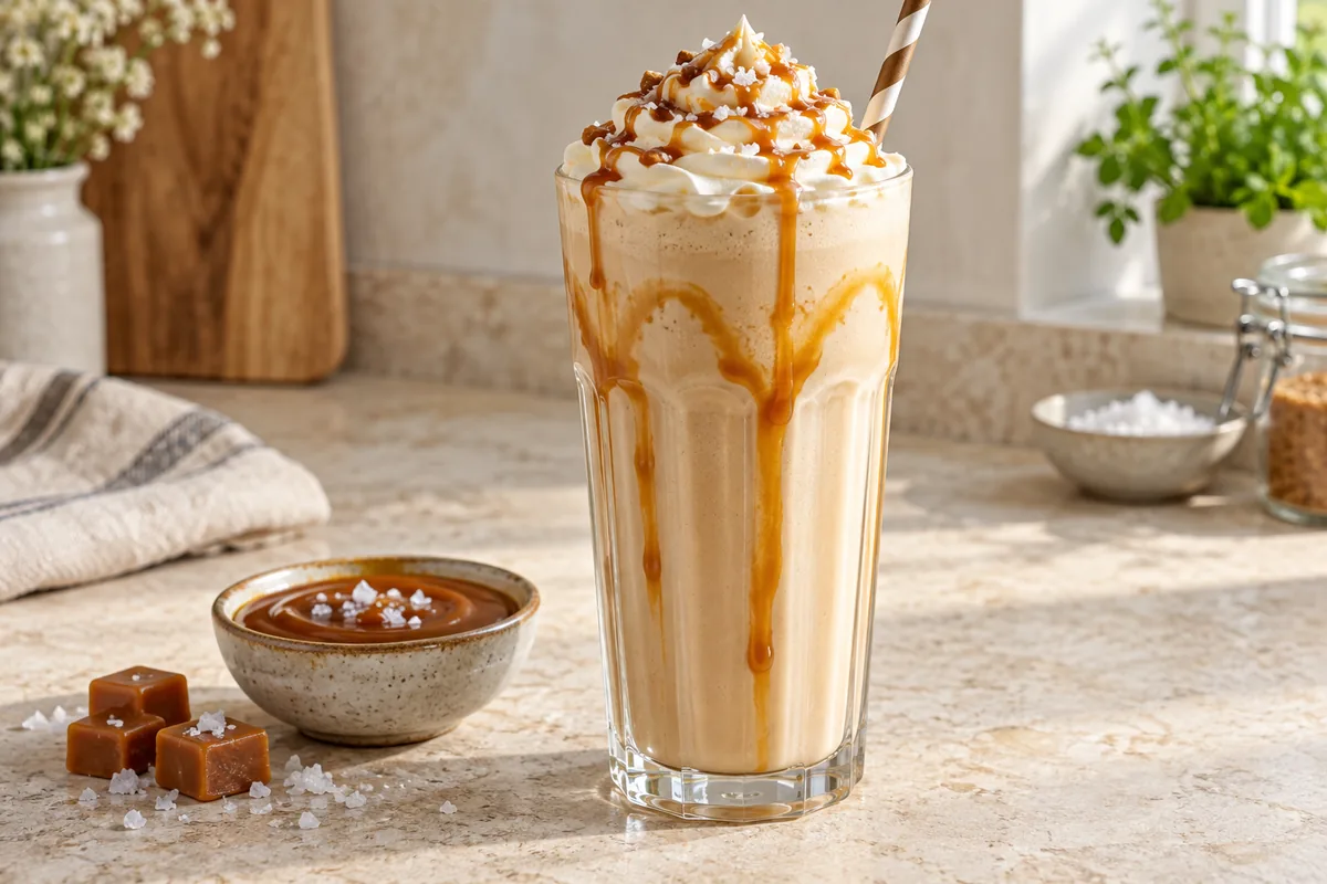 Milk-shake caramel au beurre salé dans un verre haut, avec un filet de caramel sur les parois