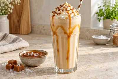 Milk-shake caramel au beurre salé dans un verre haut, avec un filet de caramel sur les parois