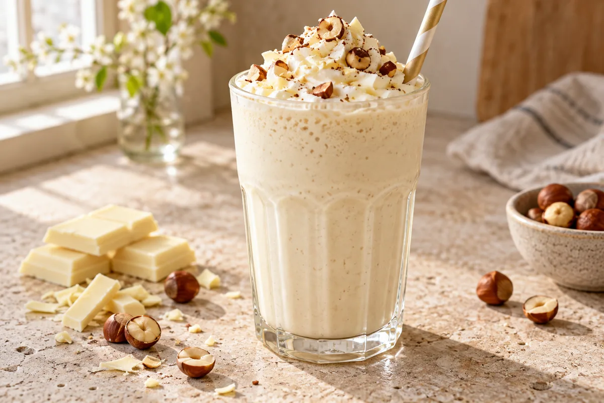 Milk-shake chocolat blanc et Nutella dans un verre haut, filet de pâte à tartiner sur les bords