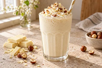 Milk-shake chocolat blanc et Nutella dans un verre haut, filet de pâte à tartiner sur les bords
