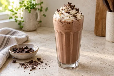 Milk-shake chocolat chantilly dans un verre haut, chantilly montée en dôme et copeaux de chocolat sur le dessus