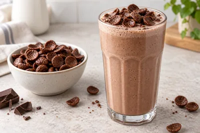 Milk-shake Coco Pops dans un verre haut, céréales entières sur le dessus