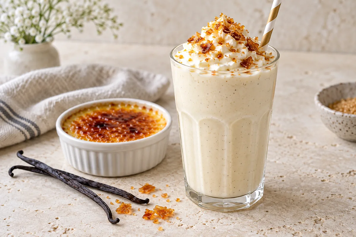 Milk-shake crème brûlée dans un verre haut, filet de caramel et croûte de sucre caramélisé sur le dessus