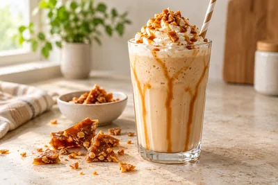 Milk-shake Daim dans un verre haut, éclats de caramel sur le dessus