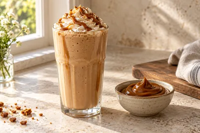 Milk-shake dulce de leche dans un verre haut avec un filet de confiture de lait caramélisée sur le dessus