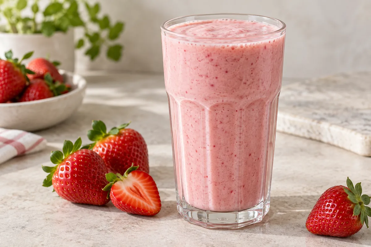 Milk-shake à la fraise dans un verre haut avec des morceaux de fraise fraîche sur le dessus
