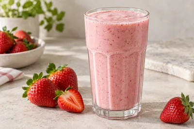 Milk-shake à la fraise dans un verre haut avec des morceaux de fraise fraîche sur le dessus