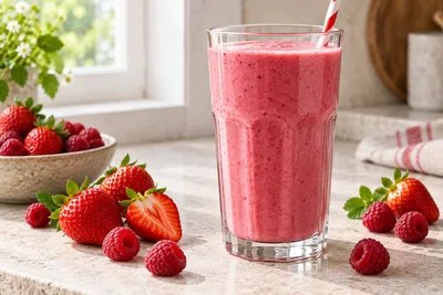 Milk-shake fraise framboise rose dans un verre haut, avec des fruits frais sur le bord