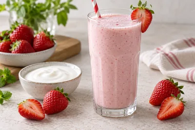 Milk-shake fraise yaourt rose pâle dans un verre haut, morceaux de fraise sur le dessus