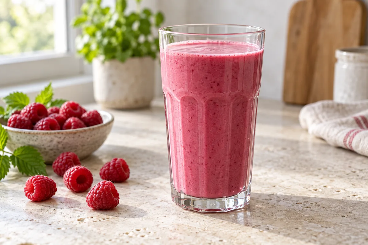 Milk-shake framboise rose vif dans un verre haut, avec des framboises fraîches sur le bord