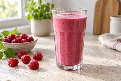 Milk-shake framboise rose vif dans un verre haut, avec des framboises fraîches sur le bord