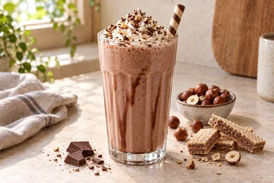 Milk-shake Kinder Bueno dans un verre haut, avec des morceaux de gaufrette sur le dessus