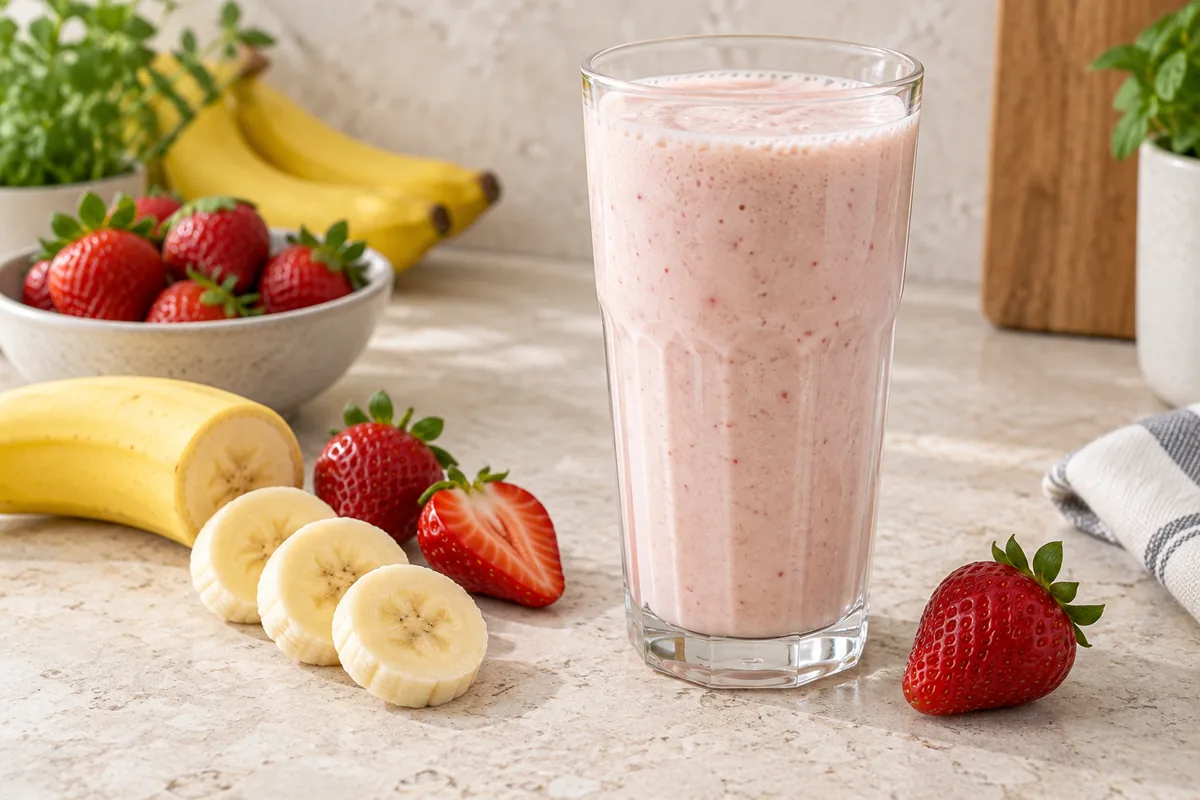 Milk-shake léger couleur pâle dans un verre haut, rondelles de banane sur le dessus