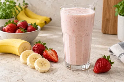 Milk-shake léger couleur pâle dans un verre haut, rondelles de banane sur le dessus