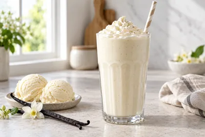 Milk-shake maison dans un verre haut avec une paille, préparé au blender dans une cuisine