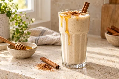 Milk-shake miel et cannelle dans un verre haut, filet de miel et cannelle en poudre saupoudrée sur le dessus