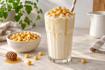 Milk-shake aux céréales Miel Pops dans un verre haut, céréales soufflées au miel parsemées sur le dessus