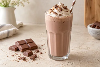 Milk-shake Milka violet clair dans un verre haut, carrés de chocolat Milka posés sur le dessus