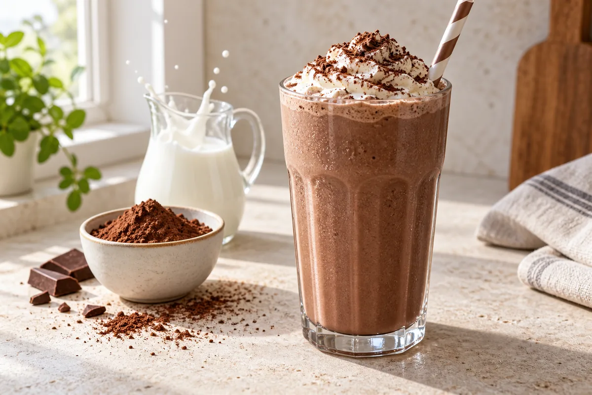 Milk-shake Nesquik au chocolat dans un verre haut, mousse en surface