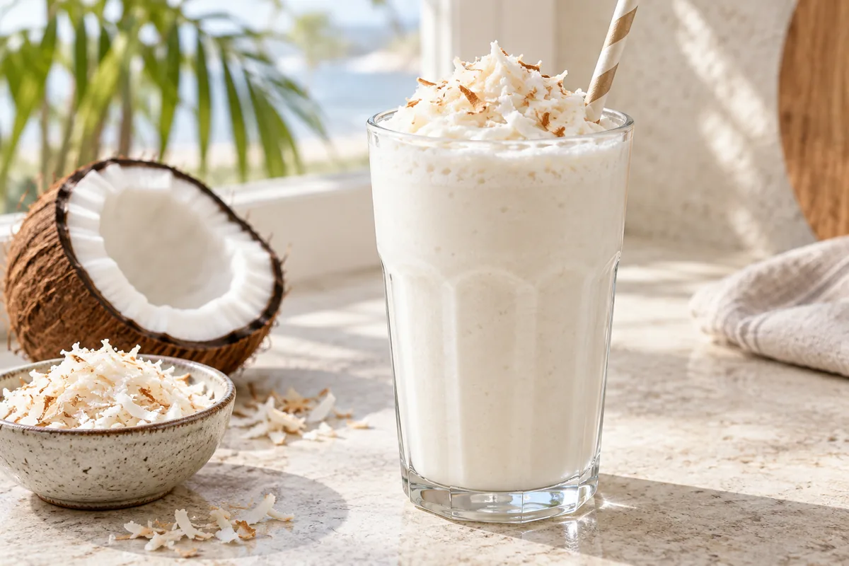 Milk-shake à la noix de coco dans un verre haut, copeaux de coco sur le dessus