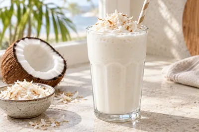 Milk-shake à la noix de coco dans un verre haut, copeaux de coco sur le dessus