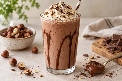 Milk-shake au Nutella dans un verre haut, avec une coulée de pâte à tartiner sur les parois