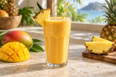 Milk-shake tropical à l'ananas et à la mangue dans un verre haut, avec une paille