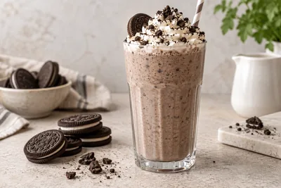 Milk-shake Oreo dans un verre haut, biscuit entier planté sur le bord
