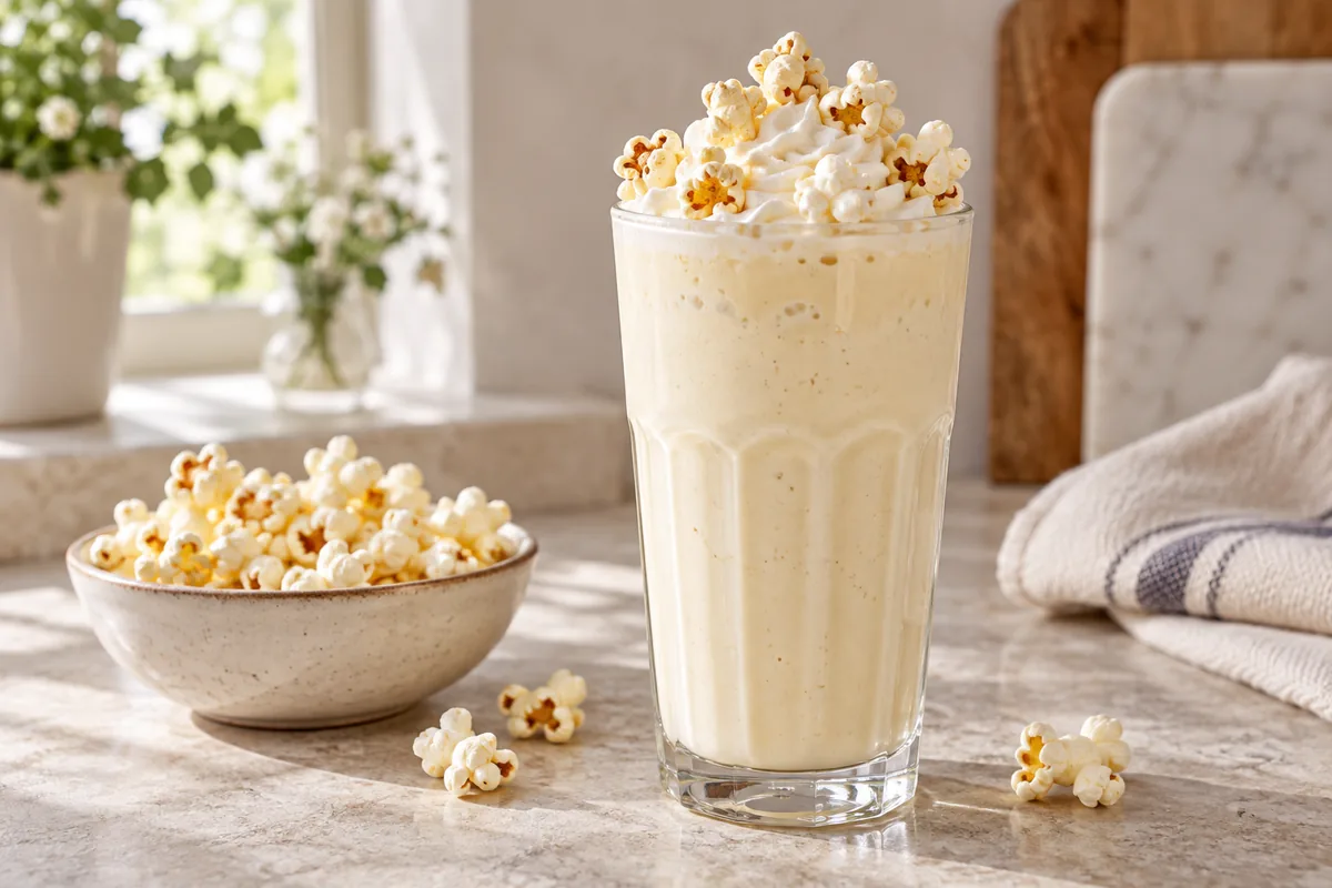 Milk-shake au pop-corn caramel dans un verre haut, pop-corn entier planté sur le dessus
