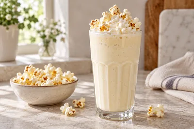 Milk-shake au pop-corn caramel dans un verre haut, pop-corn entier planté sur le dessus