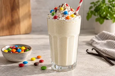 Milk-shake Smarties dans un verre haut, bonbons colorés sur le dessus