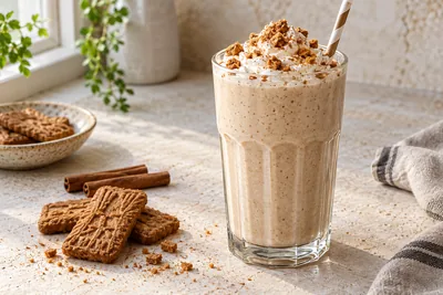 Milk-shake au spéculoos dans un verre haut, biscuit spéculoos entier posé sur le rebord