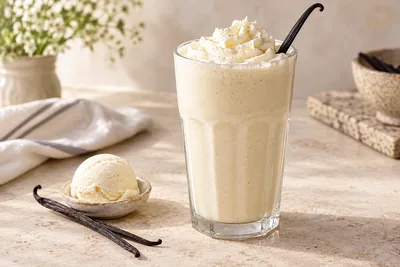 Milk-shake à la vanille dans un verre haut, avec une paille et de la chantilly