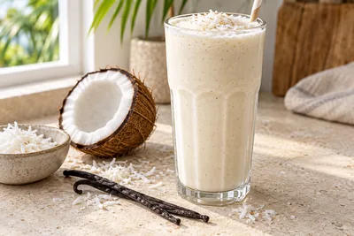 Milk-shake vanille et noix de coco dans un verre haut, copeaux de coco et gousse de vanille sur le dessus