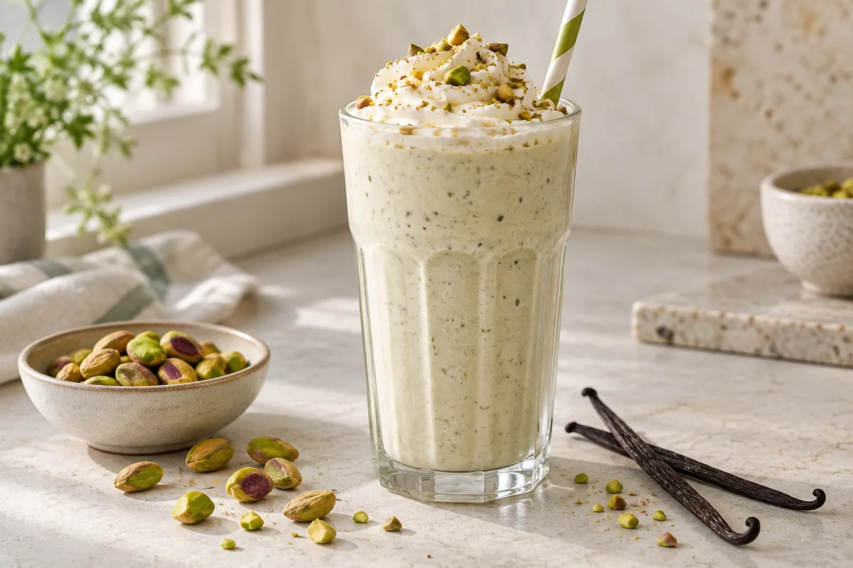 Milk-shake vanille et pistache vert clair dans un verre haut, pistaches concassées sur le dessus