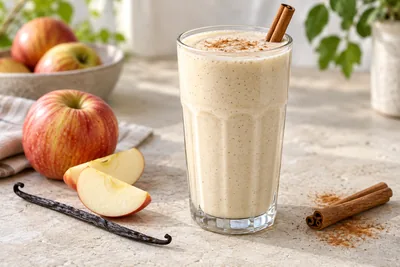 Milk-shake vanille pomme cannelle dans un verre haut, bâton de cannelle et pincée de cannelle moulue sur le dessus