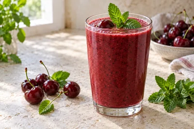 Smoothie cerise menthe rose dans un verre haut, avec des feuilles de menthe fraîche