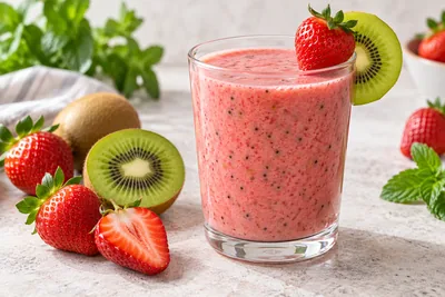 Smoothie fraise kiwi rose et vert dans un verre transparent, rondelle de kiwi posée sur le bord