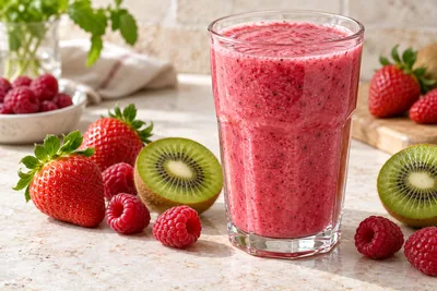 Smoothie rose fraise, kiwi et framboise dans un verre, tranche de kiwi posée sur le bord