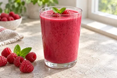 Smoothie à la framboise rose vif dans un verre, framboises fraîches posées sur le rebord