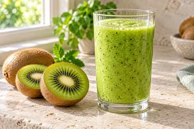 Smoothie vert kiwi dans un verre haut, rondelle de kiwi posée sur le bord