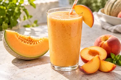 Smoothie orangé melon et pêche dans un verre, quartier de pêche posé sur le bord
