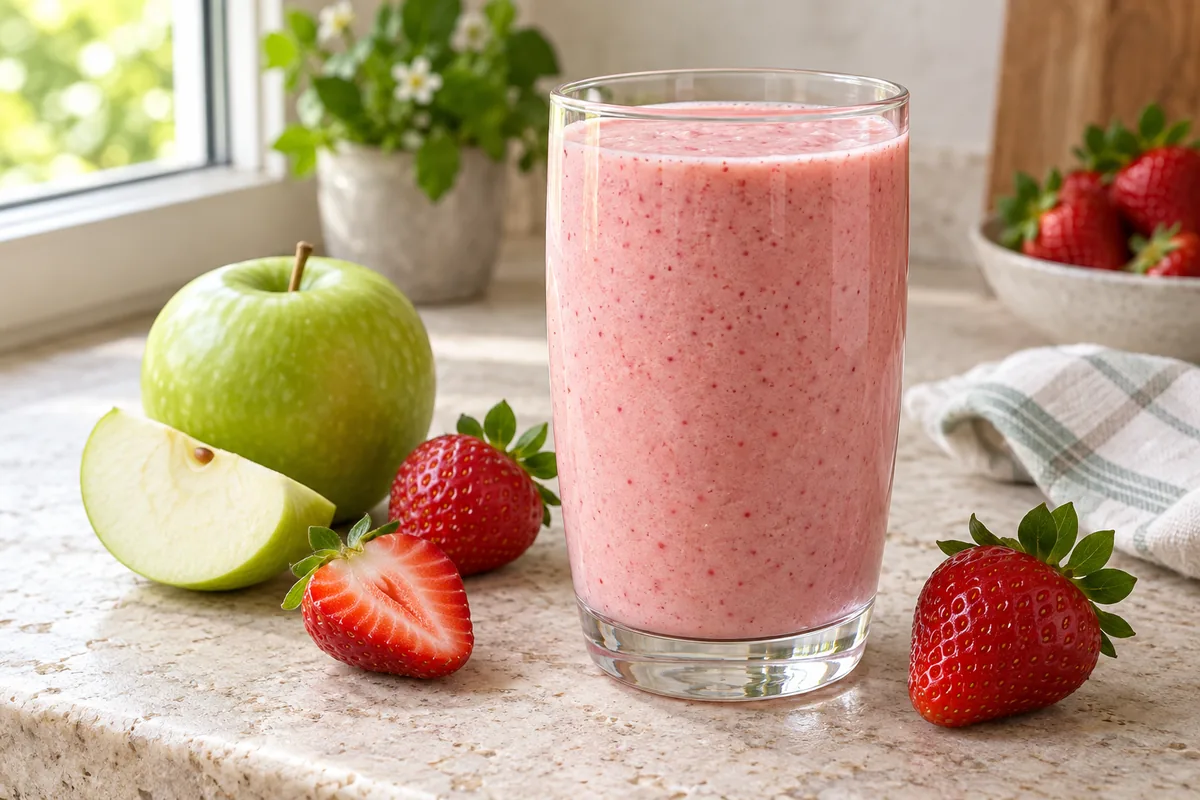 Smoothie rose pâle pomme et fraise dans un verre, tranche de pomme posée sur le bord