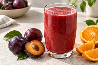 Smoothie rouge orangé prune, orange et grenadine dans un verre haut, quartier de prune posé sur le bord