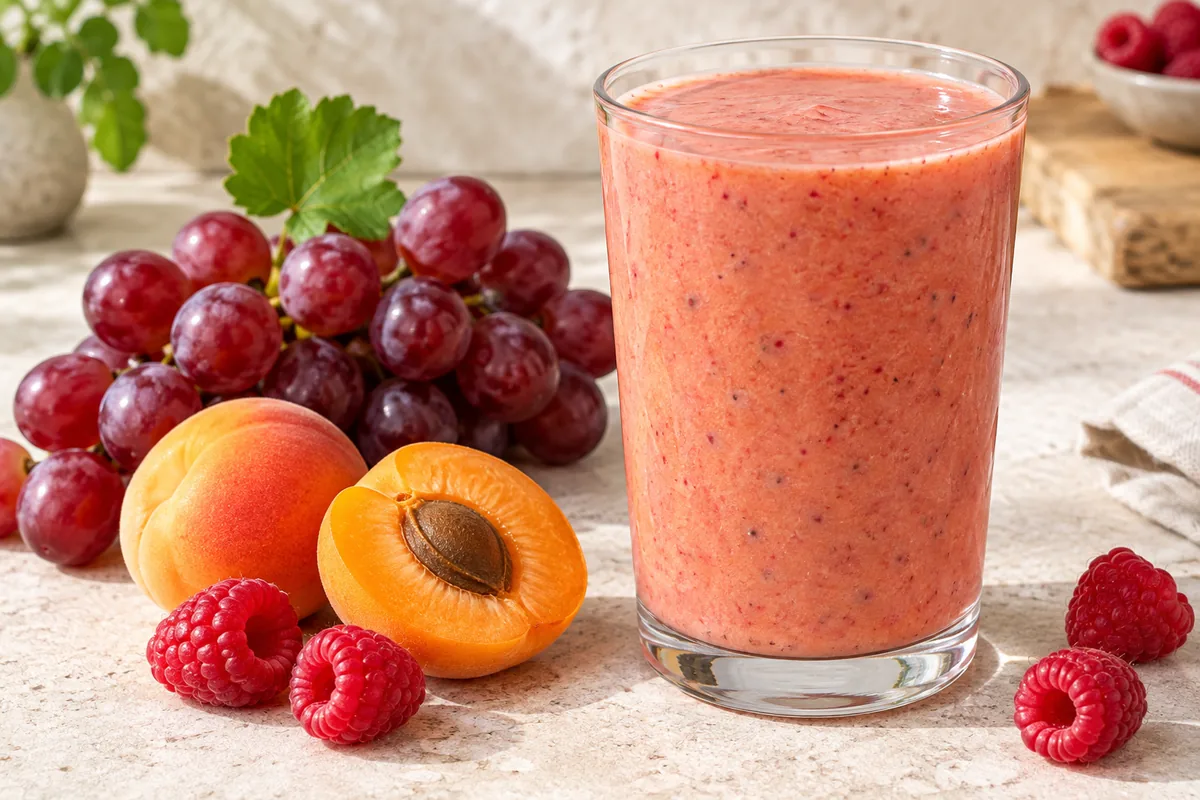 Smoothie raisin, abricot, framboise couleur rose orangé dans un verre, framboises entières sur le dessus