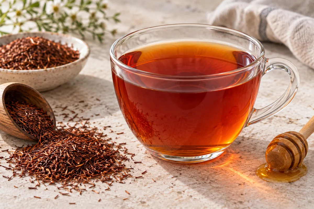 Théière en verre remplie de rooibos infusé, couleur rouge cuivré, avec une gousse de vanille posée à côté