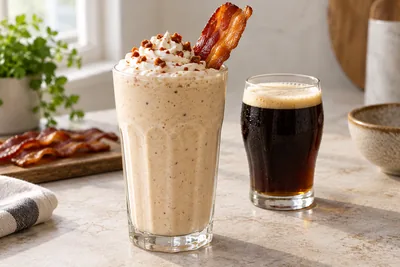 Milk-shake bacon et bière dans un verre haut, avec des éclats de bacon et un filet de caramel