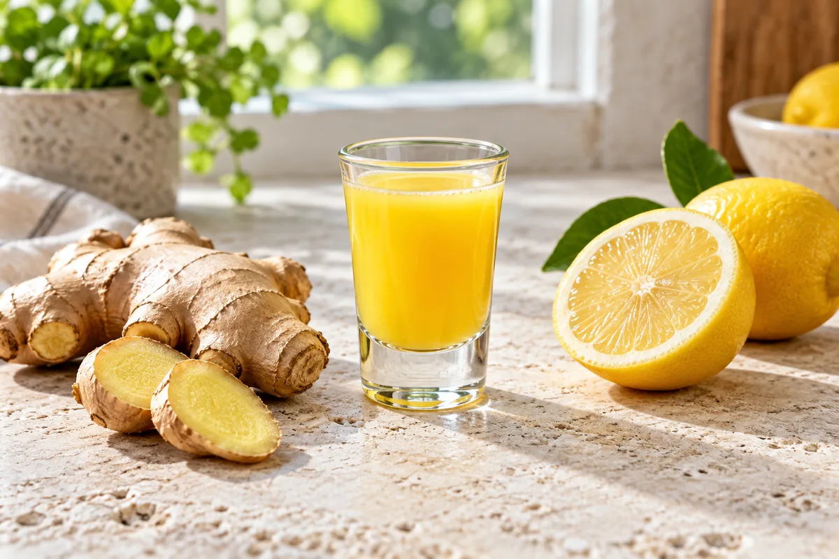 Petits verres à shot remplis de jus jaune trouble, gingembre frais et citron coupé en deux à côté
