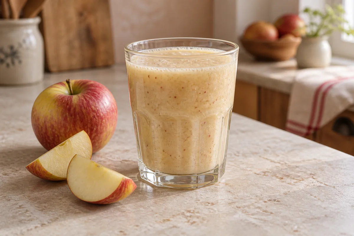 Smoothie 100 % pomme, clair et légèrement mousseux, dans un verre à facettes avec une pomme et ses quartiers.